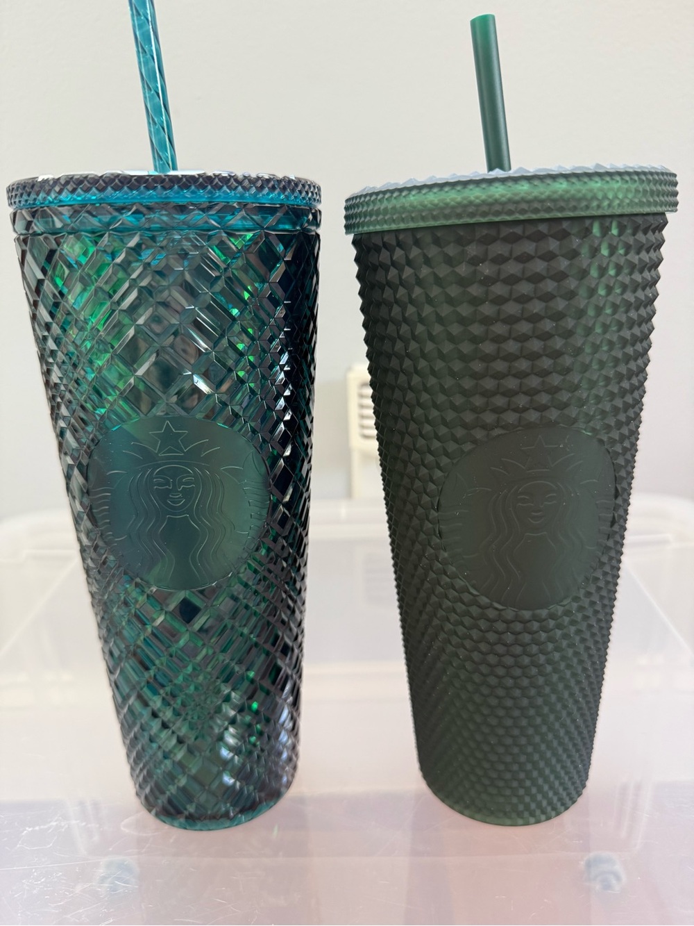 Set of Two - Starbucks Dark Green Studded Reusable Cold Cups with Straws